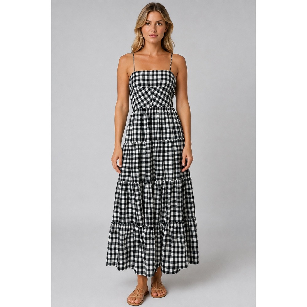 Petal + Pup Gingham Maxi Dress Womens M/L Black Cutout Tie Back Preppy Coastal